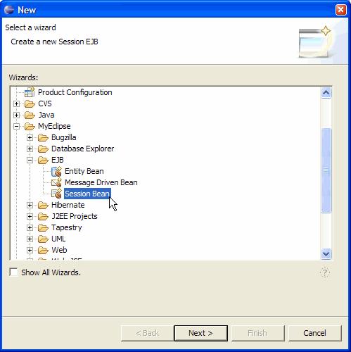1. From the main workbench window select File > New > Other to open the New Resource Wizard. 2. Expand the J2EE > EJB folder and select Session EJB as shown in Figure 5. Figure 5. New EJB wizard 3.