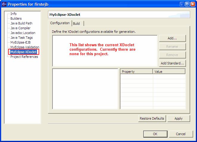 Figure 8. MyEclipse-XDoclet configuration page 2. Select the Add Standard button. 3. Select Standard EJB configuration followed by OK as shown in Figure 9.