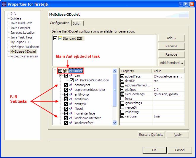 Figure 10. Default subtasks for Standard ejbdoclet 4. Remove unneeded subtasks by right-clicking each subtask in the lower left panel and selecting Remove. 5.