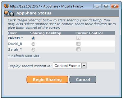 Running Application Sharing Overview 1. Click the Share button (located in the Content tab of the Presenter's Console). The AppShare Status window opens, which contains 3 columns.