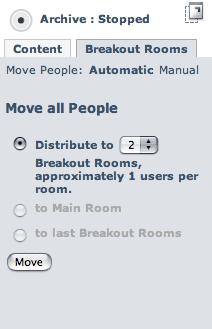 Automatically distributing users To Automatically Move Users: 1. Click the Breakout Rooms tab in the Presenter's Console 2. Next to Move Users, click the Automatic link 3.