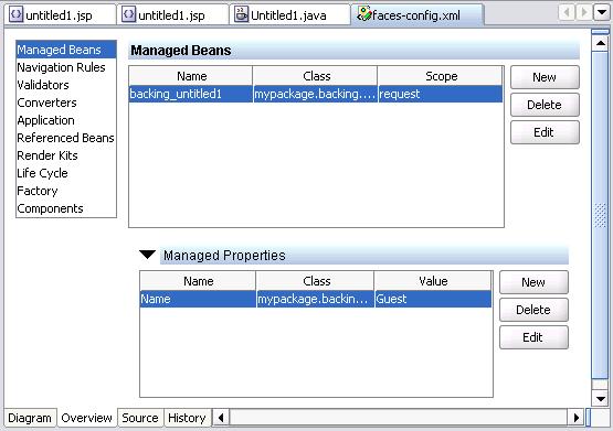 JavaServer Faces Visual development JSF UI Component visual editing Autobinding backing code generation option Visual design