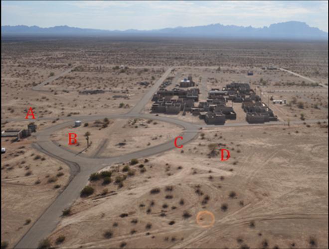 Note the correlation of objects depicted in the BLAST image and the picture of the scene; specifically the gate labeled A, the cactus labeled B,