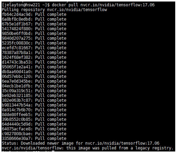 Docker Best Practices with NVIDIA Containers Figure 5 Pulling of the container is complete The screen capture has been cropped in the interest of readability. 1.5. Running A Container After the nvidia-docker container is pulled down to the system, creating a Docker image, you can run or execute the image.