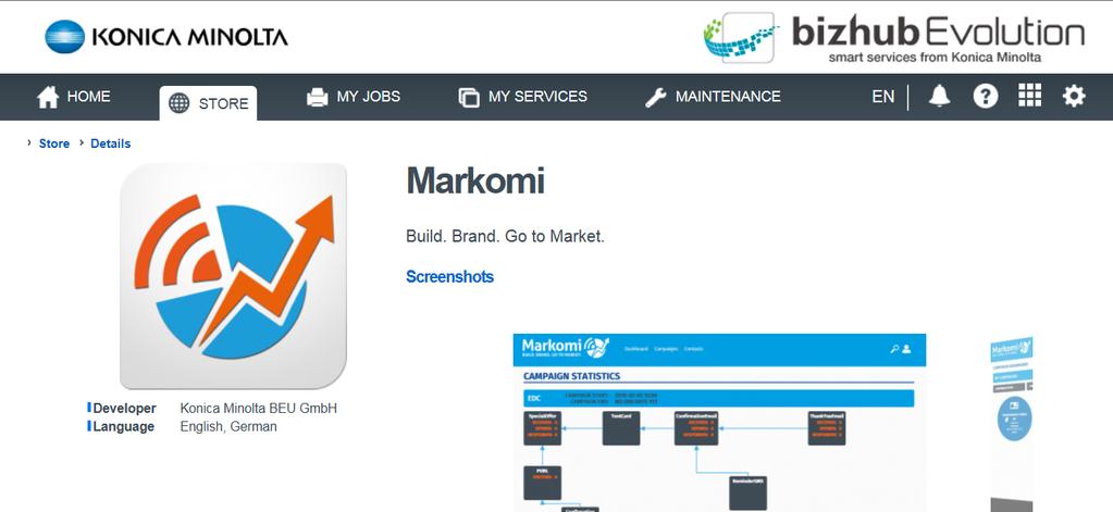 selecting Markomi in the bizhub Evolution store: Once selected, you