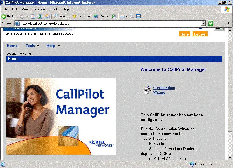 October 2006 Installing CallPilot administrative software on a stand-alone web server 4 Click Login. Result: The main CallPilot Manager screen appears.