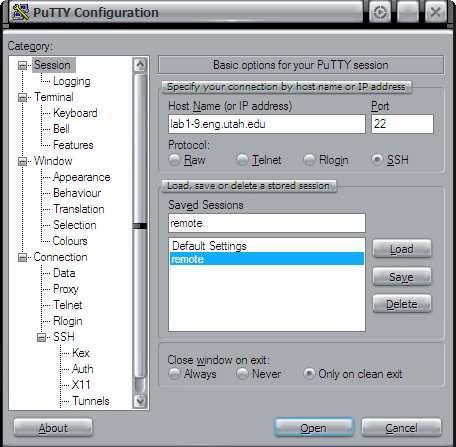 Setting up Putty: Double click on putty.exe and the following window should come up In the Host Name (or IP address) field you put the name of the computer you want to connect to in the CADE lab.