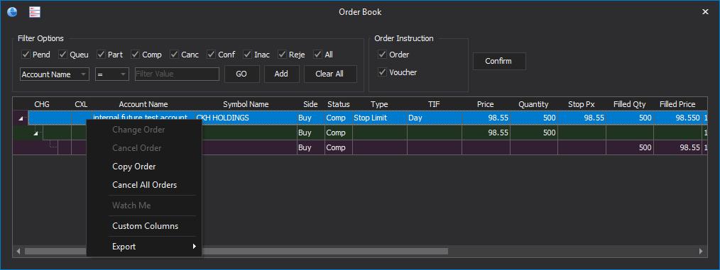 4.1.3 Order Book function menu Right click on the Order Book interface and a function list will appear.