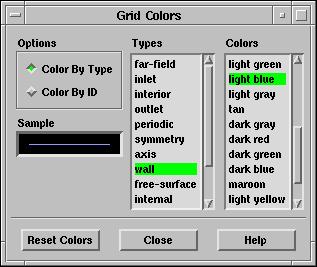 (e) Under Options, check that Faces is selected. (f) In the Surfaces list, select board-top and chip. (g) Click Colors... This will open the Grid Colors panel. (h) In the Types list, select wall.