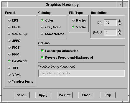 Step 13: Saving Hardcopy Files You can save hardcopy files of the graphics display in many different formats, including PostScript, encapsulated PostScript, TIFF, PICT, and window dumps.