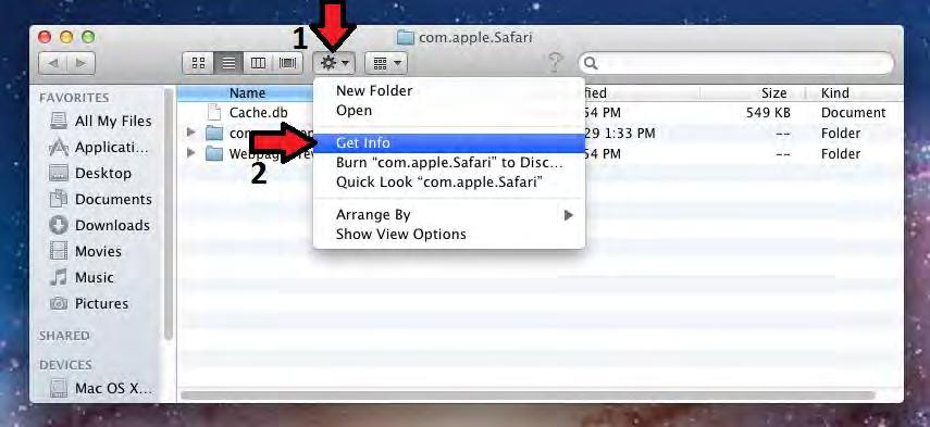 To lock the ~/Library/Caches/com.apple.Safari folder, click on the Gear icon in the top menu bar of the com.apple.safari folder window and select the Get Info option: Click on the Gear icon of the com.