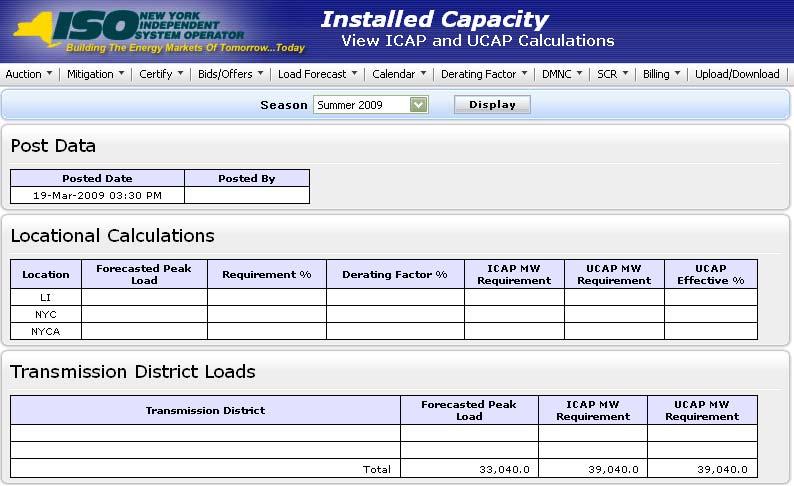 Figure 7-10 View ICAP and UCAP Calculations Screen Sections The Filter screen section allows the user to select desired Season.