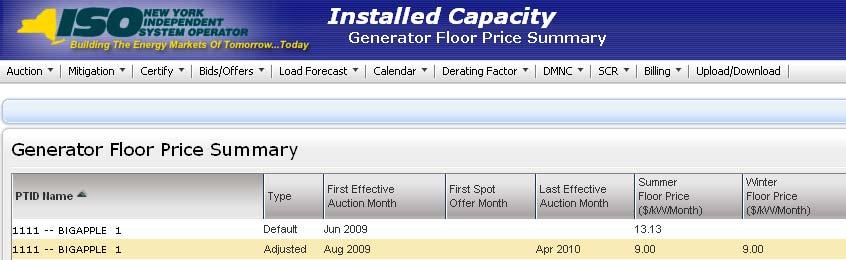 If the NYISO approves an Adjusted Floor Price based on the unit's Net Cone, there will be a Generator Floor Price Record created with Type set to Adjusted, and a First and Last Effective Auction