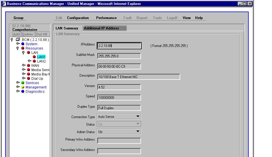 The following screen shows that the IP address assigned to LAN1, IP-LAN1, is the Published IP Address of the Nortel BCM.