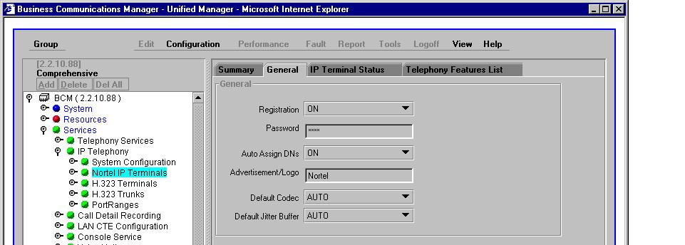 The following illustrates a snapshot of the Nortel IP Terminal Status, showing the Nortel i2004 Telephone