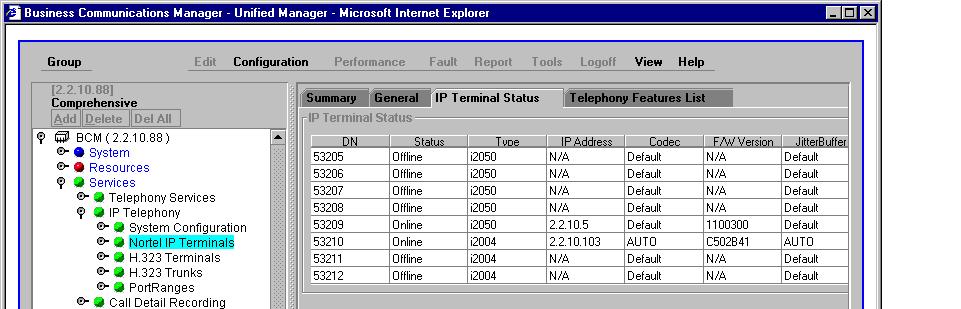 The following illustrates a snapshot of the active directory numbers, showing the IP telephones from above,