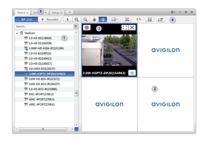 Figure 2: Avigilon Control Center Client application window. Application Window Features Area Description Displays all the elements in your surveillance system. 1 System Explorer Use the Search.