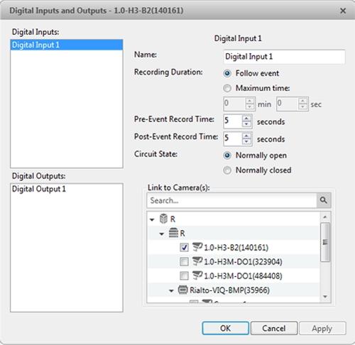 Setting Up Digital Inputs 1. In the Setup tab, select the camera you want to set up and click. 2. In the Digital Inputs: area, select an input. Figure 56: Digital Inputs and Outputs dialog box 3.