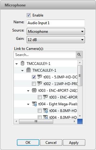 1. In the Setup tab, select the camera you want to edit and click. Figure 58: Microphone dialog box 2. Select the Enable check box to enable audio recording from microphones connected to the camera.
