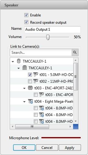 To use this feature, speakers must be connected to the camera and a microphone must be connected to your local Client. NOTE: The dialog box may appear differently depending on the camera.