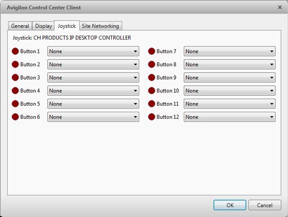 Figure 62: Joystick dialog box 3. Choose an action for each button on the joystick: 4. Click OK. a. Press a button on the joystick to highlight its label in the dialog box. b. Select an action for the button from the drop-down list.