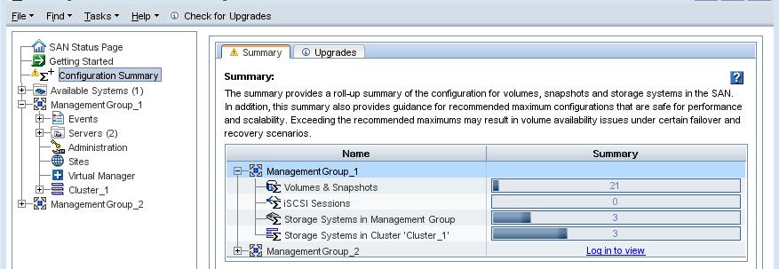 Figure 44 Configuration Summary created when the first management group is configured Configuration guidance Best practices As the Configuration Summary reports the numbers of the storage items, it