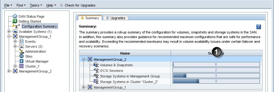 of the management group. Exceeding 30 storage systems triggers a warning by turning that line red.