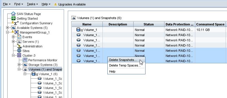 Figure 67 Delete multiple snapshots from the volumes and snapshots node Scripting snapshots Application-based scripting allows automatic snapshots of a volume.
