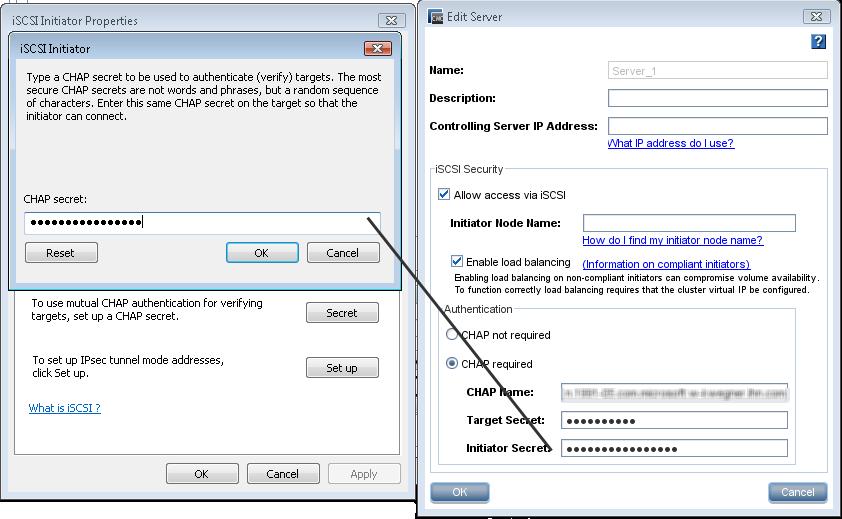 Figure 112 Adding an initiator secret for 2-way CHAP (shown in the MS iscsi initiator) CAUTION: Without the use of shared storage access (host clustering or clustered file system) technology,