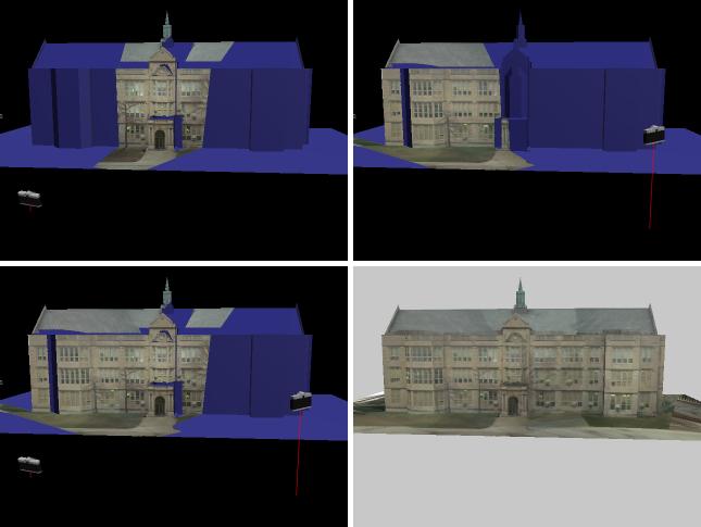 Figure 6.4: The process of assembling projected images to form a composite rendering. The top two pictures show two images projected onto the model from their respective recovered camera positions.