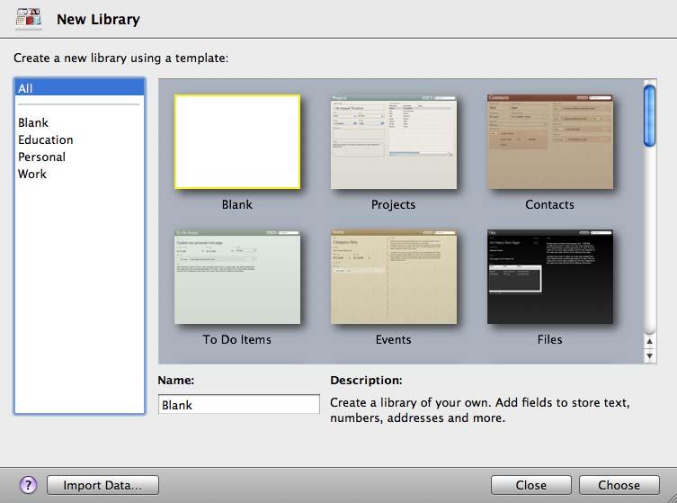 To create a library using the Bento templates: 1 Choose File > New Library. 2 In the New Library dialog, select a template category in the left column, then select the template.