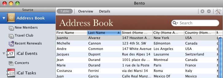 The Address Book library displays contact information from the Address Book application. Address Book groups display as collections in Bento.