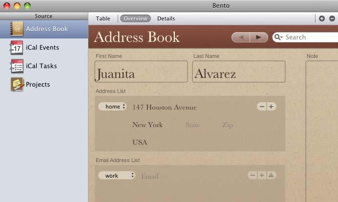 application. A contact in the Address Book application. View all the records in table view by clicking Table.