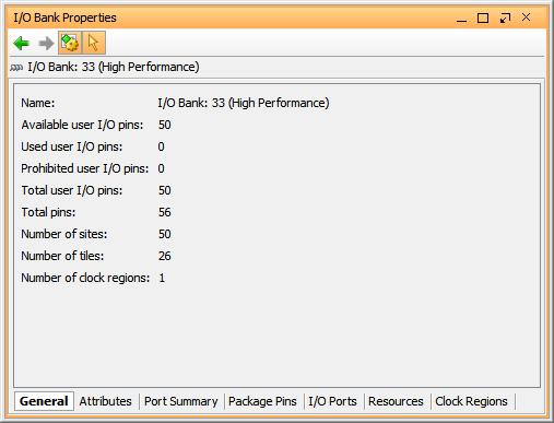 Step 2: Examining Device I/O Resources Figure 7: I/O Bank Properties 8. 9. Select the various tabs at the bottom of the I/O Bank Properties view, as seen in Figure 7.