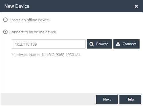 d. Click OK. The NI InsightCM web application finds the device and displays the hardware name below the IP address textbox in the New Device dialog box, as Figure 4 shows. e. Proceed to step 5.