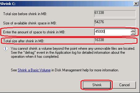 Go to the left panel in Server Manager and click Storage, then go to right panel and double-click Disk Management. a. In the middle panel of Disk Management in the graphical view of the volumes, right-click on Disk 0 C: and click on Shrink Volume.