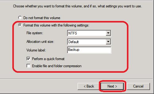 next to Format this volume with the following settings: File system: NTFS Allocation