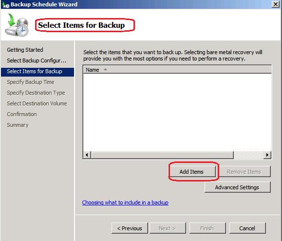 5. On the Select Items for Backup page, click Add Items. Click in the check box next to System state to select it for backup. Click OK.
