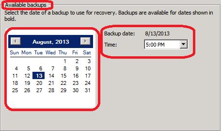 7. On the Select Backup Date page, click the date on calendar for the backup from which to restore the data.