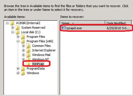 On the Select Recovery Type page, choose Files and folder for the type of data to recover. Earlier in the lab, you deleted the rpcapd file from the WinPcap folder to be able to test the backup.