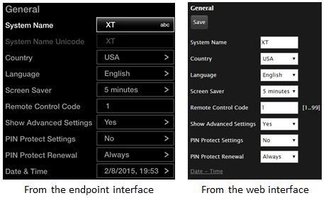 Getting Started Procedure 1. Access the general settings. From the XT Series web interface, select Basic Settings > General. From the endpoint's main menu, select Configure > General.