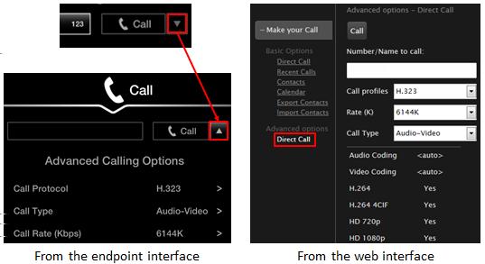 From the XT Series web interface, select Make your Call > Advanced Options > Direct Call.
