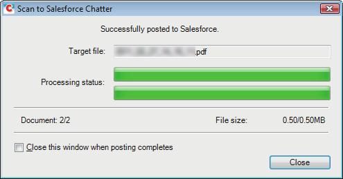 Posting to Salesforce Chatter Salesforce does not start up after the posting has completed. To check the saved scanned image file, start a web browser and log into Salesforce.