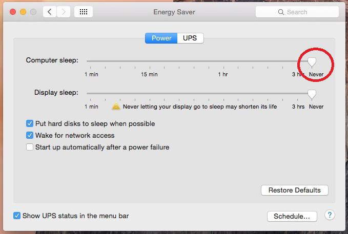 Troubleshooting Once inside the Energy Saver window, slide the sleep mode bar to Never.