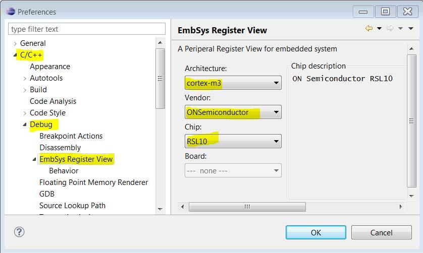 ON Semiconductor Figure 20. EmbSys Register View Configuration 4. Assuming you are running a Debug session for blinky, open Window > Show View > Other... 5.