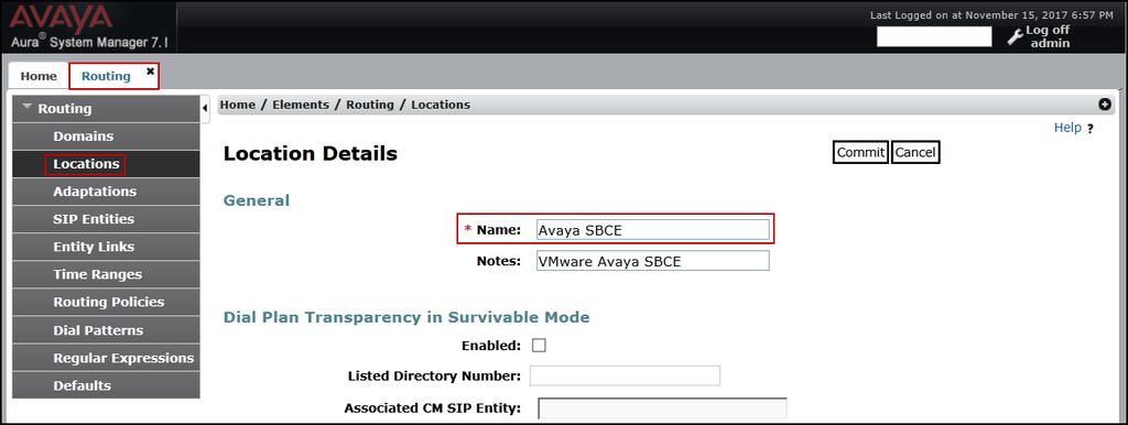 The following screen shows the location details for the location named Avaya SBCE.