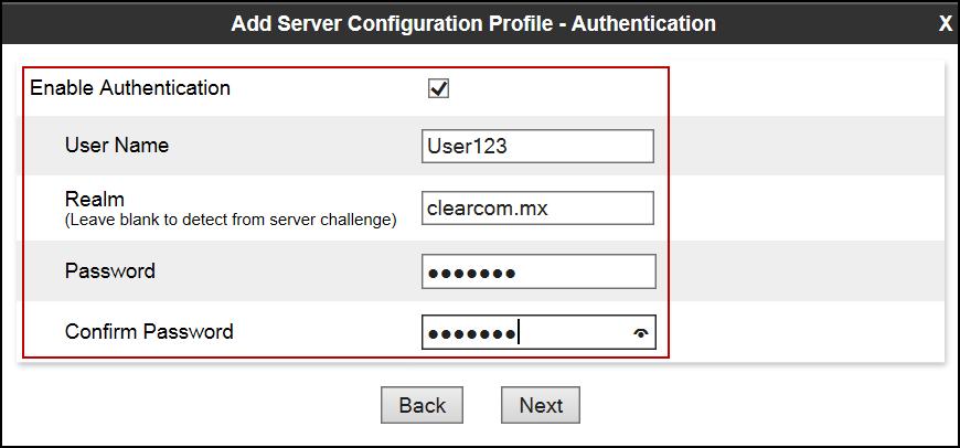 On the Add Server Configuration Profile - Authentication window: Check the Enable Authentication box. Enter the User Name credential provided by the service provider for SIP trunk registration.