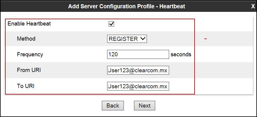 On the Add Server Configuration Profile - Heartbeat window: Check the Enable Heartbeat box. Under Method, select REGISTER from the drop down menu.