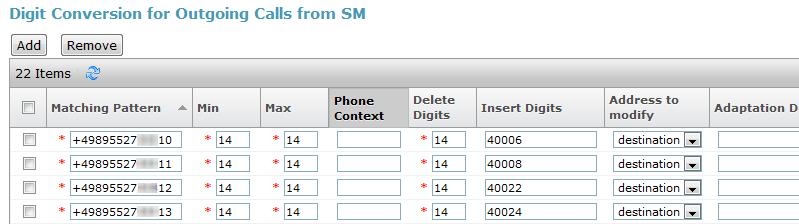 To map inbound DDI numbers from M-net to Communication Manager extensions, scroll down to the Digit Conversion for Outgoing Calls from SM section. Create an entry for each DDI to be mapped.