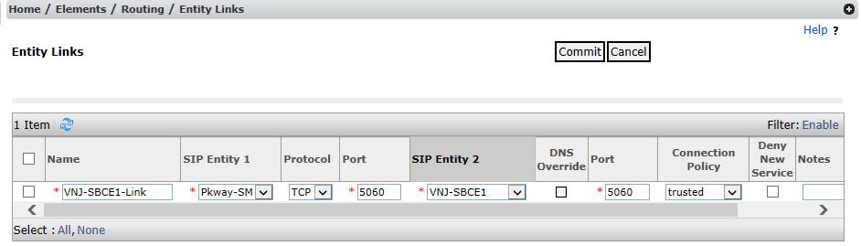 The following screen illustrates the Entity Link to the Avaya SBCE (VNJ-SBCE1-Link). The protocol and ports defined here must match the values used on the Avaya SBCE in Section 7.